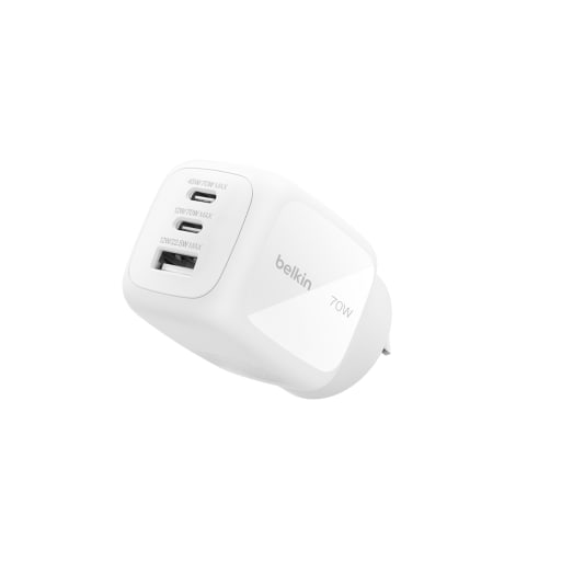 Belkin BoostCharge 70W GaN Wall Charger - With 3-Port USB-C Output - White