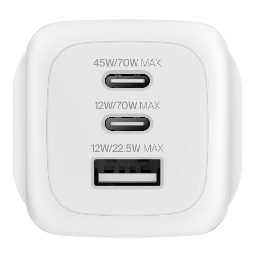 Belkin BoostCharge 70W GaN Wall Charger - With 3-Port USB-C Output - White
