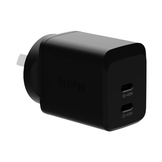 EFM ECO 40W Dual Port Wall Charger - With GaN  Power Delivery and PPS - Black