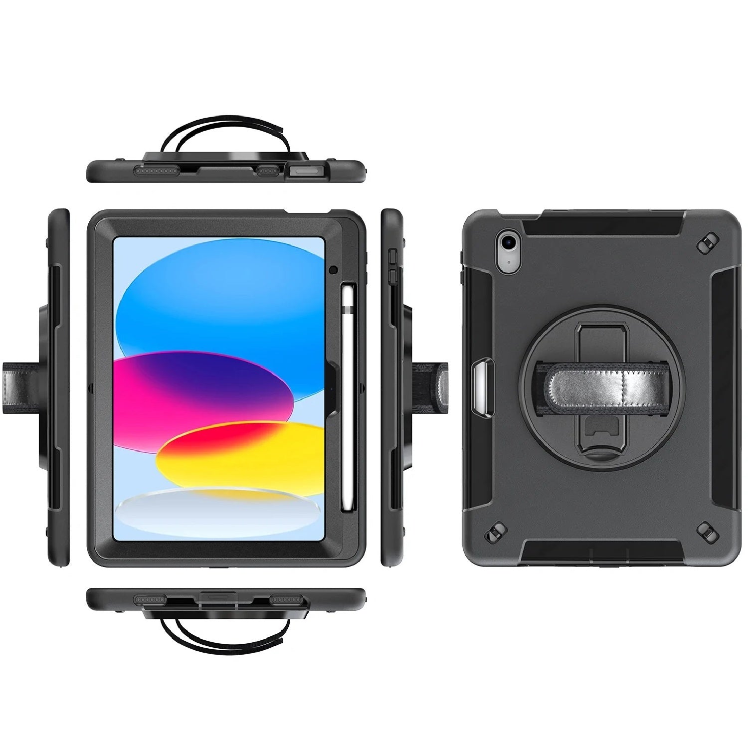 USP Rugged Apple iPad (10.9") 11th Gen (A16) / iPad 10th Gen Case Black - Built-in-Kickstand /Adjustable Hand Strap /Shoulder Strap /Pen Holder /DropProof