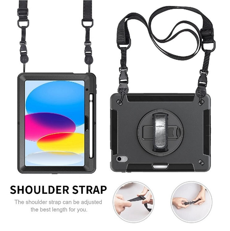 USP Rugged Apple iPad (10.9") 11th Gen (A16) / iPad 10th Gen Case Black - Built-in-Kickstand /Adjustable Hand Strap /Shoulder Strap /Pen Holder /DropProof