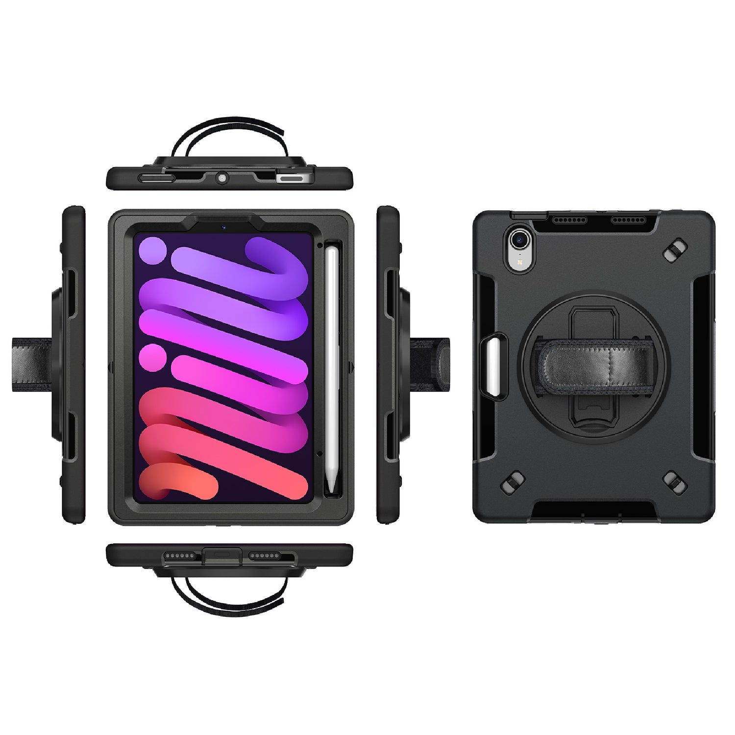 USP Rugged Apple iPad Mini A17 Pro (7th Gen)/ iPad Mini (8.3") (6th Gen) Case with Sling Black-Built-in-Kickstand /Adjustable Hand Strap /Shoulder Strap