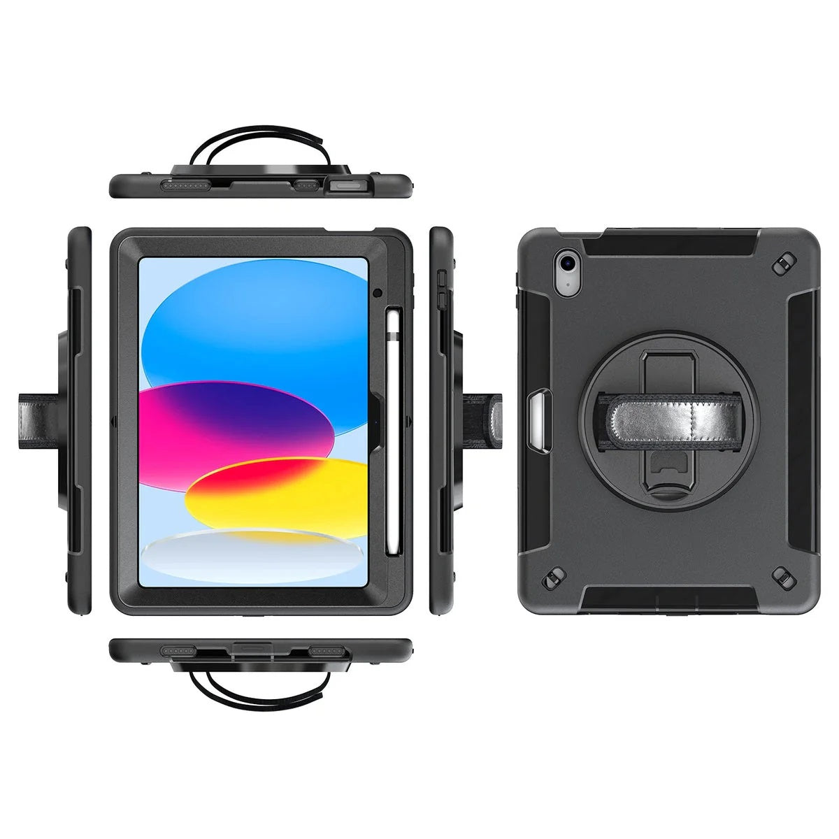USP Rugged Apple iPad (10.2') (9th/8th/7th Gen) Case Black - Built-in-Kickstand / Adjustable Hand Strap / Shoulder Strap / Pen Holder / DropProof