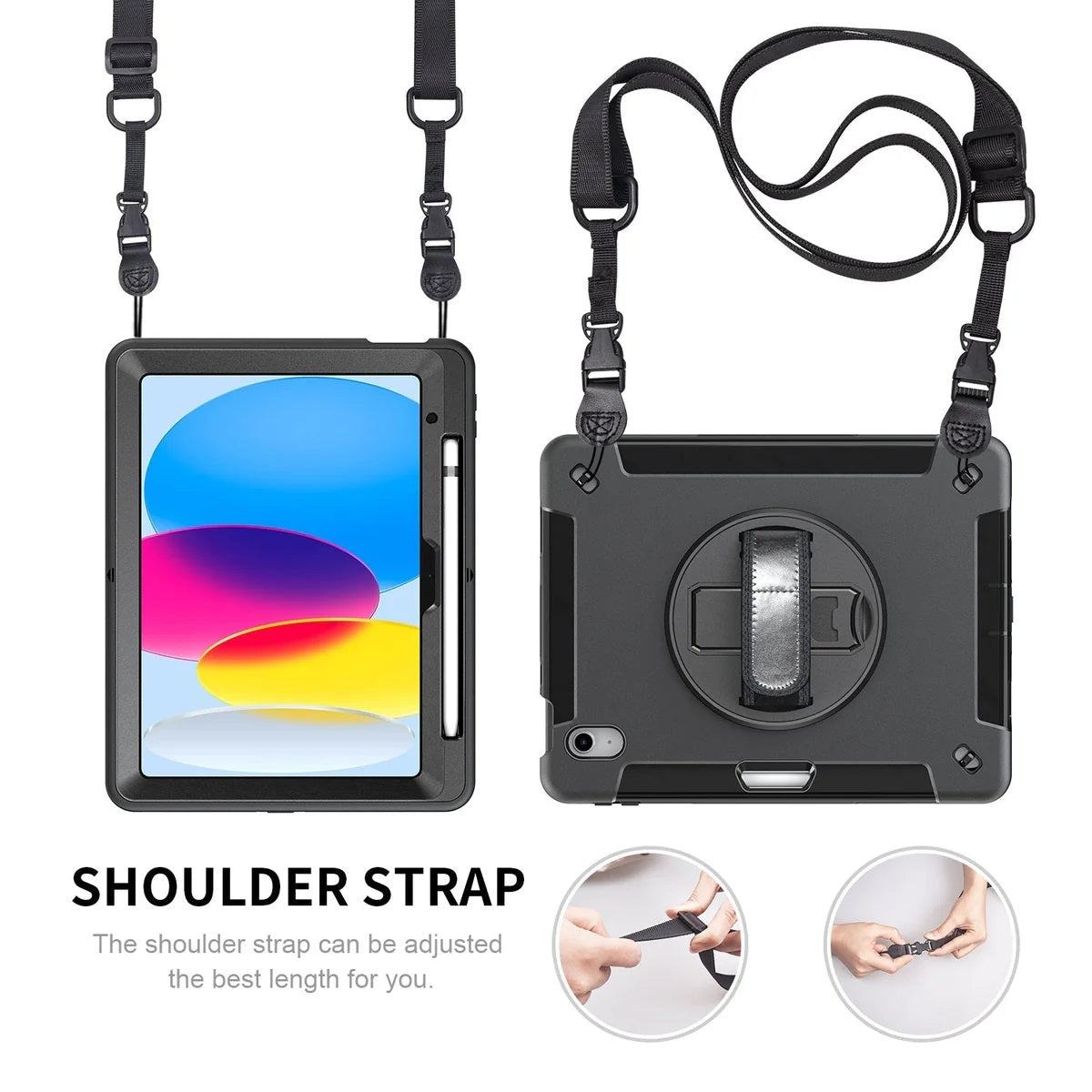 USP Rugged Apple iPad Air M2 (13") (1st Gen) / iPad Pro (12.9") (6th/5th/4th/3rd) Case Black - Built-in-Kickstand /Adjustable Hand Strap /Shoulder Strap