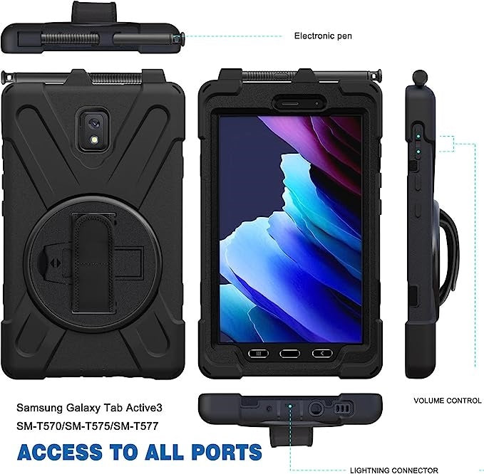 USP Rugged Samsung Galaxy Tab Active5 / Tab Active3 (8") Case Black - Built-in-Kickstand / Adjustable Hand Strap / Shoulder Strap / Pen Holder