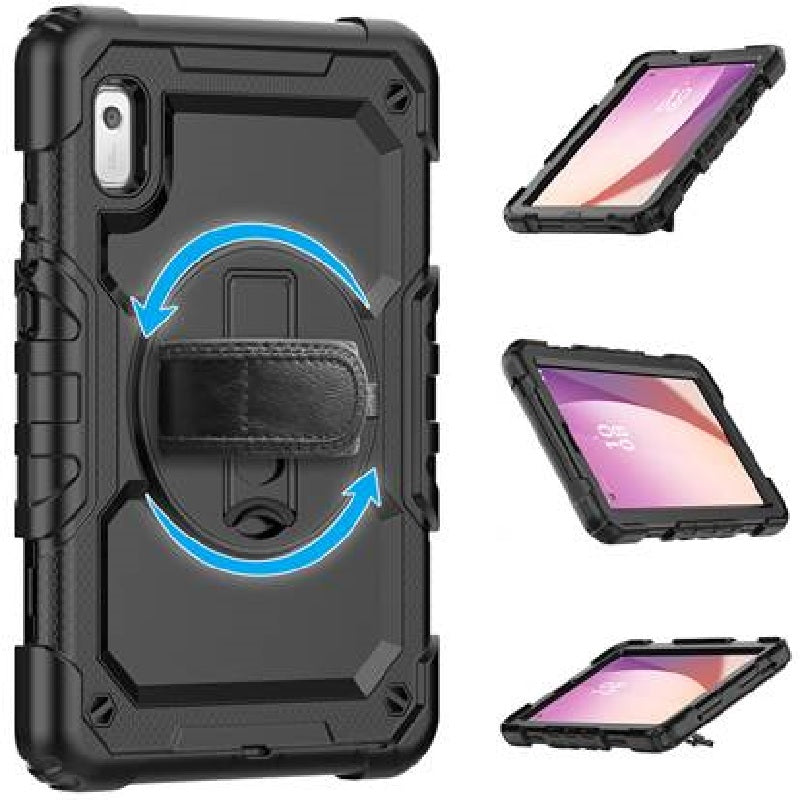 USP Rugged Lenovo Tab M9 (9') Case + Screen Protector Black - Built-in-Kickstand / Adjustable Hand Strap / Shoulder Strap / Reinforced Corners