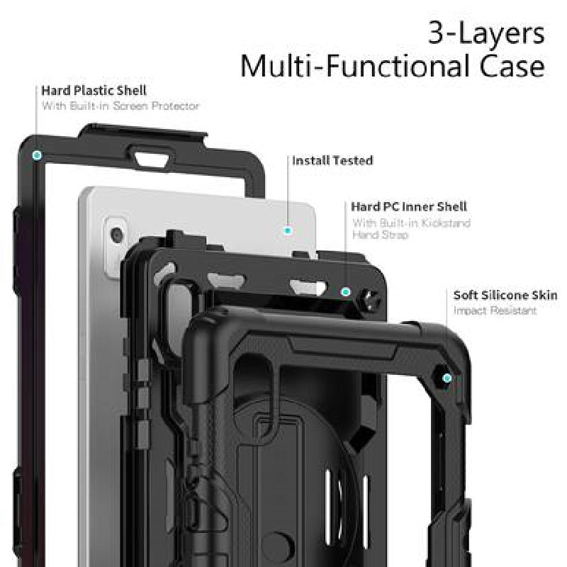 USP Rugged Lenovo Tab M9 (9') Case + Screen Protector Black - Built-in-Kickstand / Adjustable Hand Strap / Shoulder Strap / Reinforced Corners
