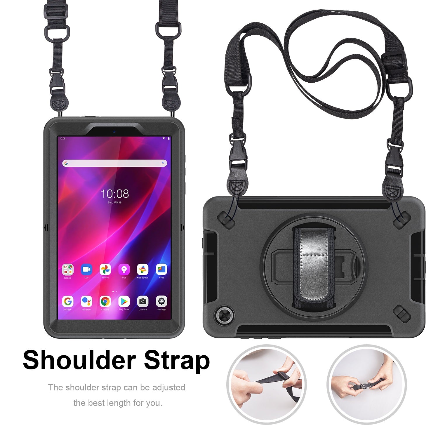 USP Rugged Lenovo Tab M8 (4th Gen) (8") (TB-300) Case + Screen Protector Black - Built-in-Kickstand / Adjustable Hand Strap / Shoulder Strap