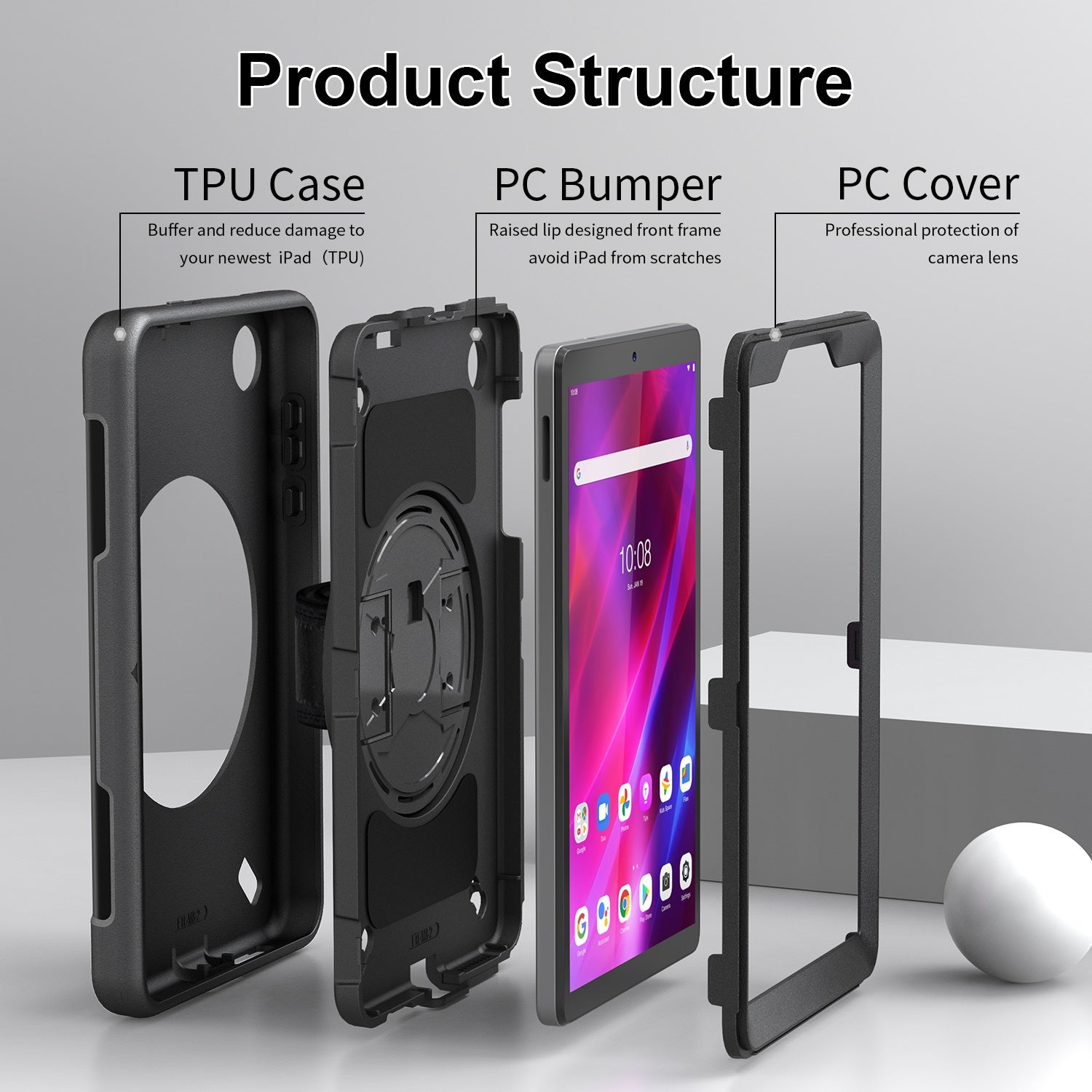 USP Rugged Lenovo Tab M8 (4th Gen) (8") (TB-300) Case + Screen Protector Black - Built-in-Kickstand / Adjustable Hand Strap / Shoulder Strap