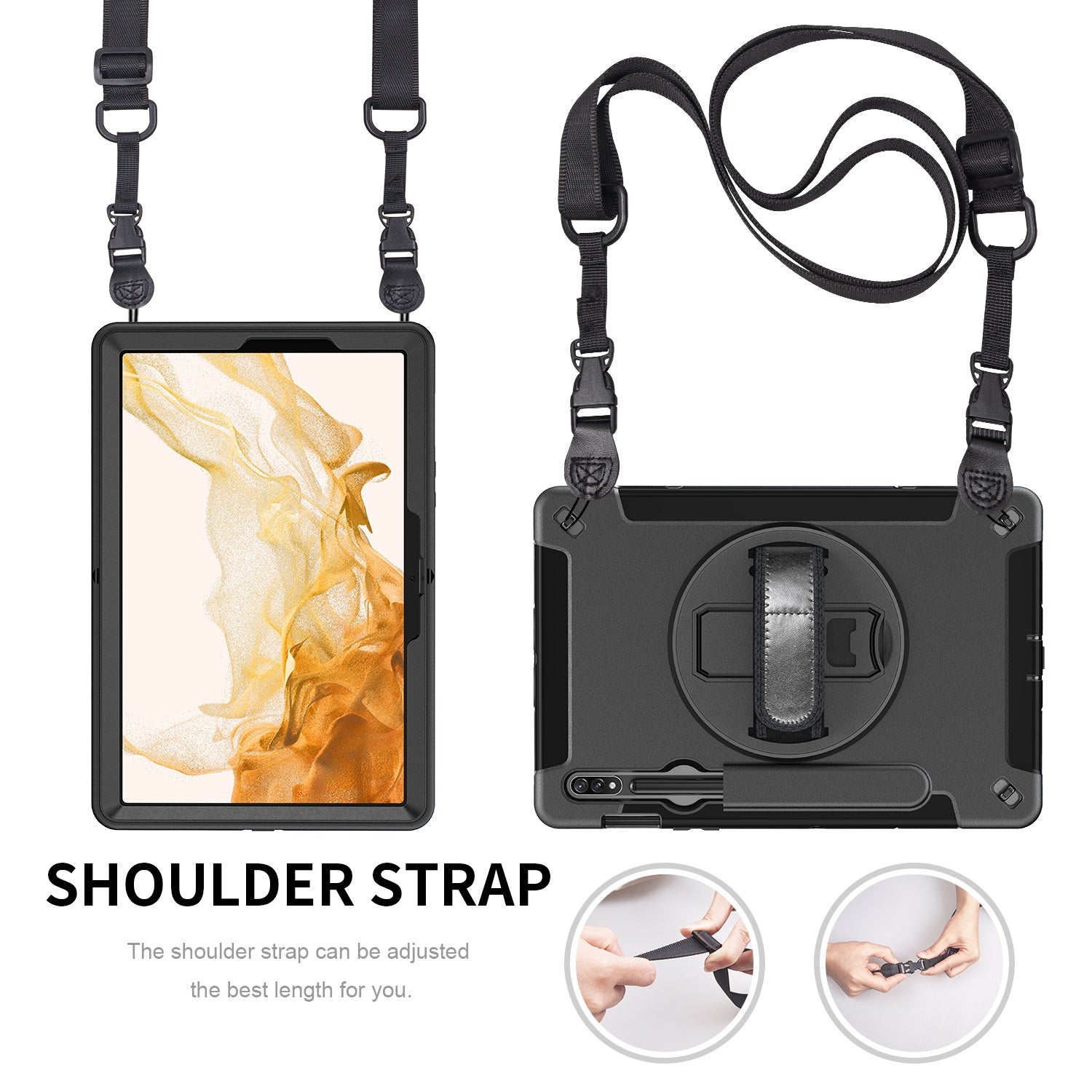 USP Rugged Samsung Galaxy Tab S10+/ Tab S9+ /Tab S9 FE+ (12.4") Case Black - Built-in-Kickstand / Adjustable Hand Strap / Shoulder Strap / Pen Holder
