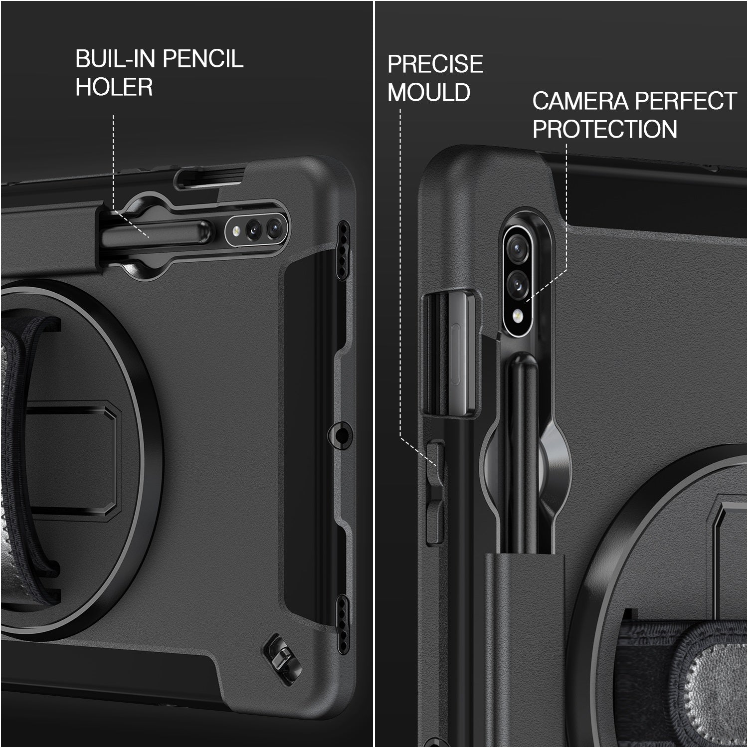 USP Rugged Samsung Galaxy Tab S10+/ Tab S9+ /Tab S9 FE+ (12.4") Case Black - Built-in-Kickstand / Adjustable Hand Strap / Shoulder Strap / Pen Holder