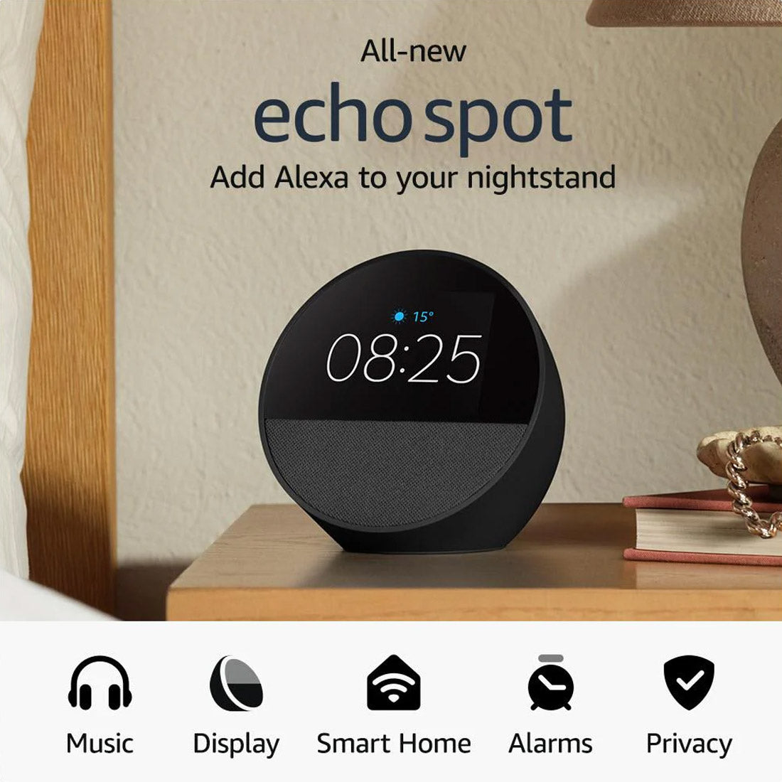 Amazon Echo Spot Smart Alarm Clock with Alexa - Black