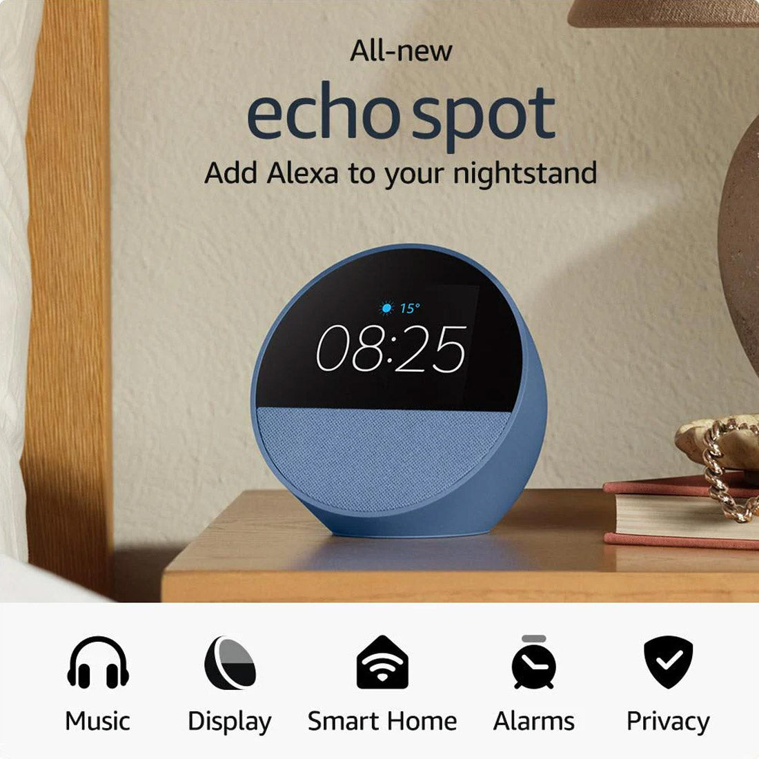 Amazon Echo Spot Smart Alarm Clock with Alexa - Ocean Blue